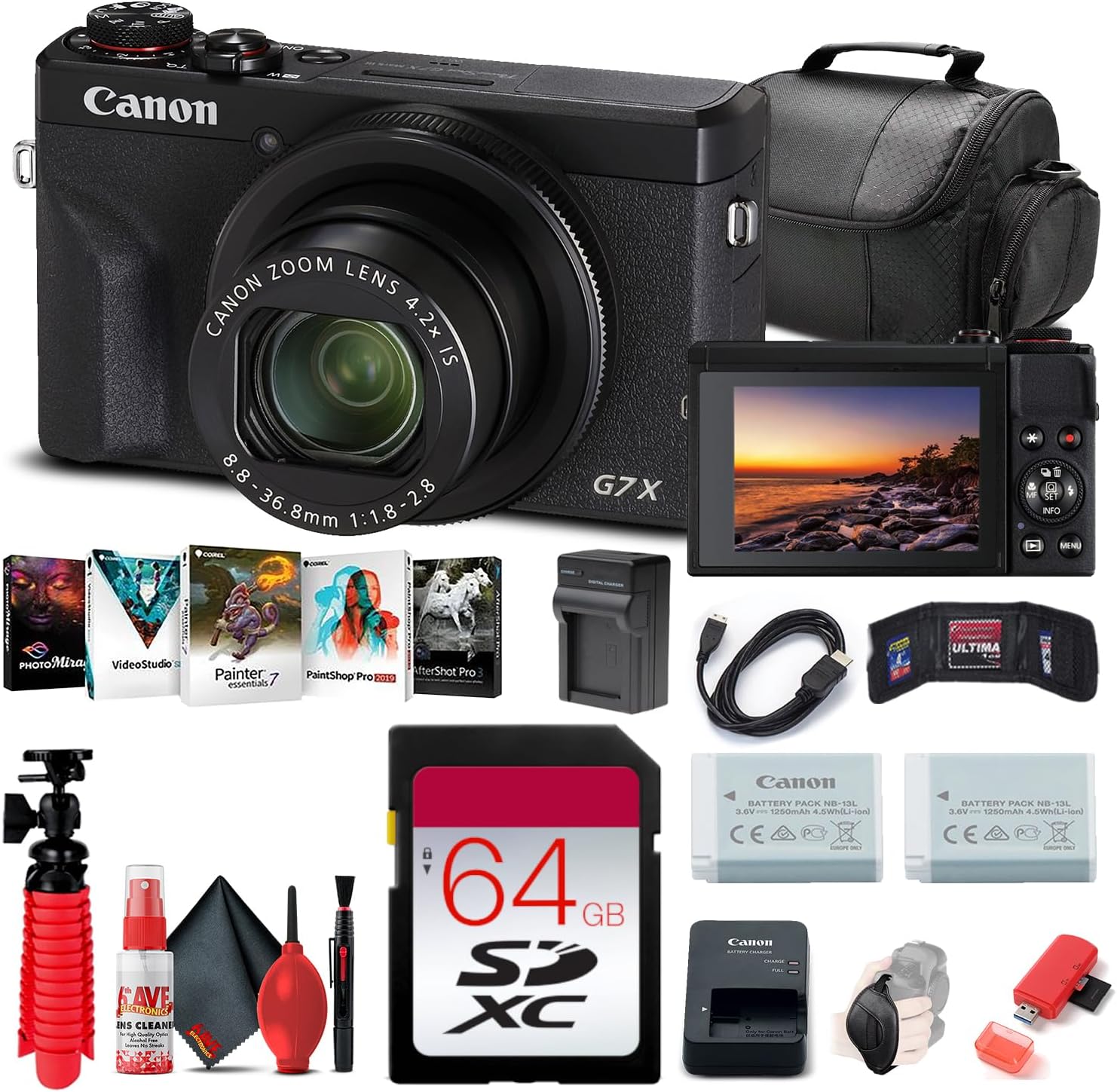 Canon PowerShot G7 X Mark III Digital Camera (Black) (3637C001), 64GB Memory Card, NB13L Battery, Corel Photo Software, Charger, Card Reader, Bag, Flex Tripod + More