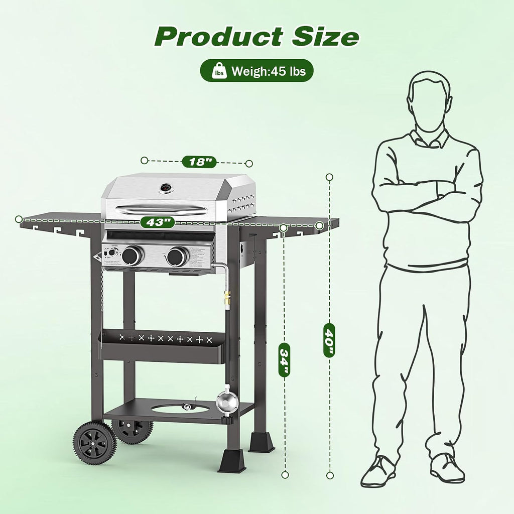 2-Burner Stainless Steel Propane Gas Grill, 16,000 BTU Patio Garden Barbecue Grill with Foldable Shelves, Grates and Griddle Pan for Outdoor Patio Garden Cooking and BBQ
