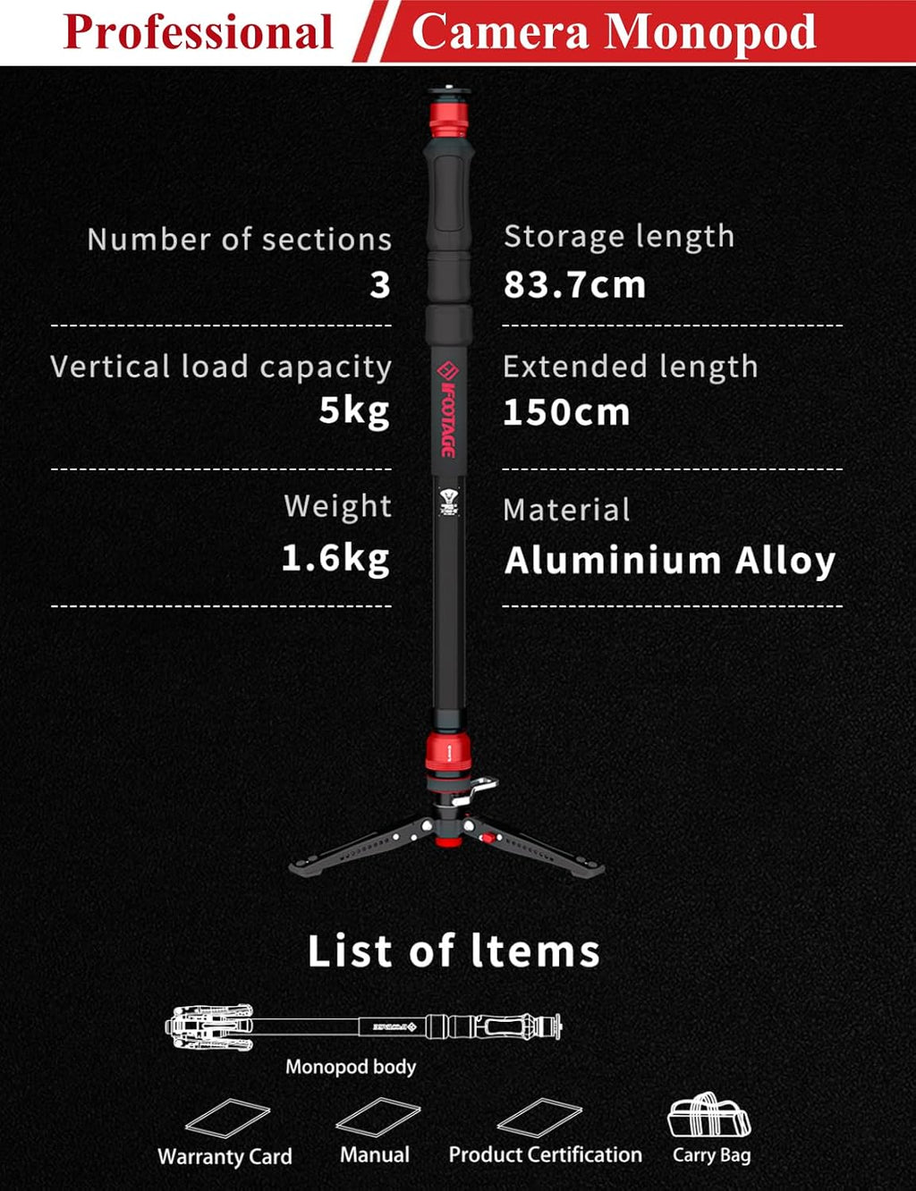IFOOTAGE Monopod Cobra 3 Strike A150S+K5S, 59' Monopod for Camera Aluminum Travel Monopod with Feet, 1/4'' & 3/8'' Quick Release Compatible with Sony Canon Nikon DSLR Camera, Payload 11Lb