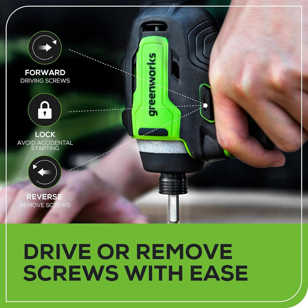 Greenworks 24V Cordless Impact Driver & 2-in-1 Work Light Kit with 2x 2Ah Batteries & Charger – Brushless, Lightweight for DIY, Home Repairs & Outdoor Use