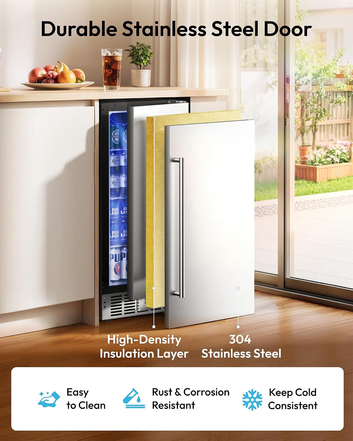 EUHOMY 15 Inch Under Counter Beverage Refrigerator, 127 Can Beverage Fridge with Stainless Steel Door, Beverage Cooler Built-in, Drink Fridge for Soda Beer and Wine
