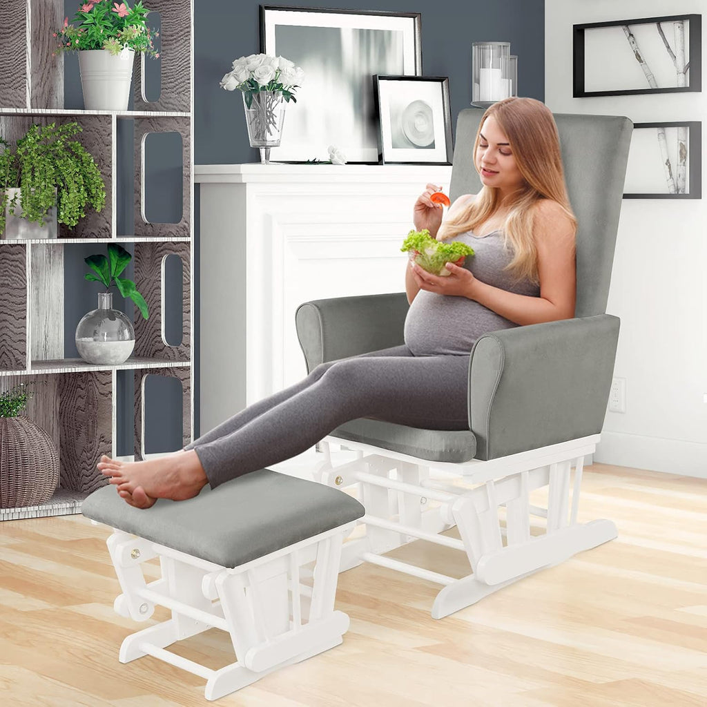 Costzon Glider and Ottoman Set, Wood Baby Rocker Nursery Furniture for Napping Reading Nursing, Cleanable Upholstered Comfort Rocking Nursery Chair with Detachable Cushion (Light Gray)