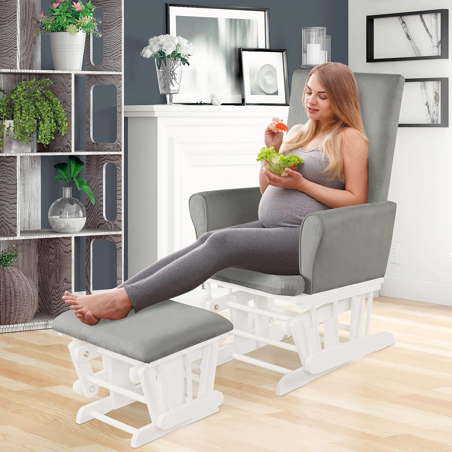 Costzon Glider and Ottoman Set, Wood Baby Rocker Nursery Furniture for Napping Reading Nursing, Cleanable Upholstered Comfort Rocking Nursery Chair with Detachable Cushion (Light Gray)