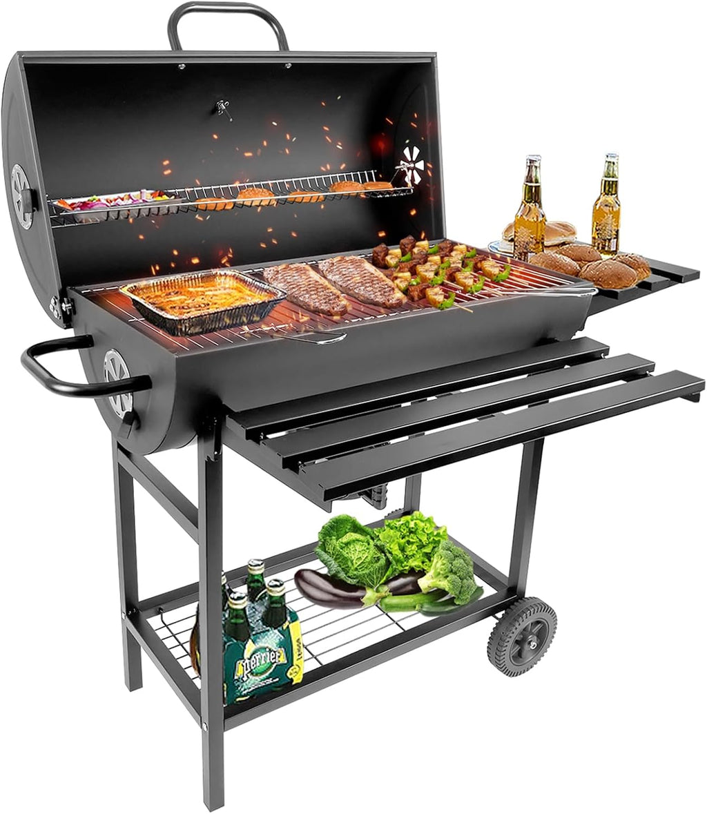 Charcoal BBQ Grill with Thermometer & Foldable Side Table, 565 sq in Cooking Space Large Charcoal Grills, Barrel Charcoal Grills for Backyards Picnic Cookouts