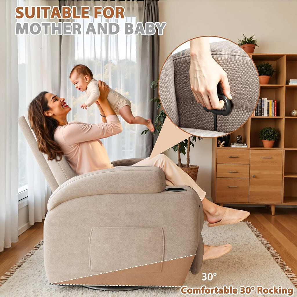 Flamaker Swivel Rocker Recliner Chair with Vibration Massage, 360° Swivel Recliner Chairs for Adults Ergonomic Lounge Chair with Cup Holders Lazy Boy Recliner Single Sofa Seat (Fabric, Khaki)