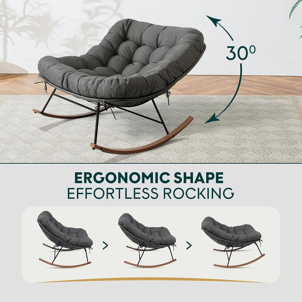 Bme Patio Rocking Chair Outdoor & Indoor, Metal Patio Lounge Rocking Chair with Thick Cushion, Comfy Modern Rocker Chair for Living Room, Porch, Backyard, Grey Cushion - Wood Texture Rocker