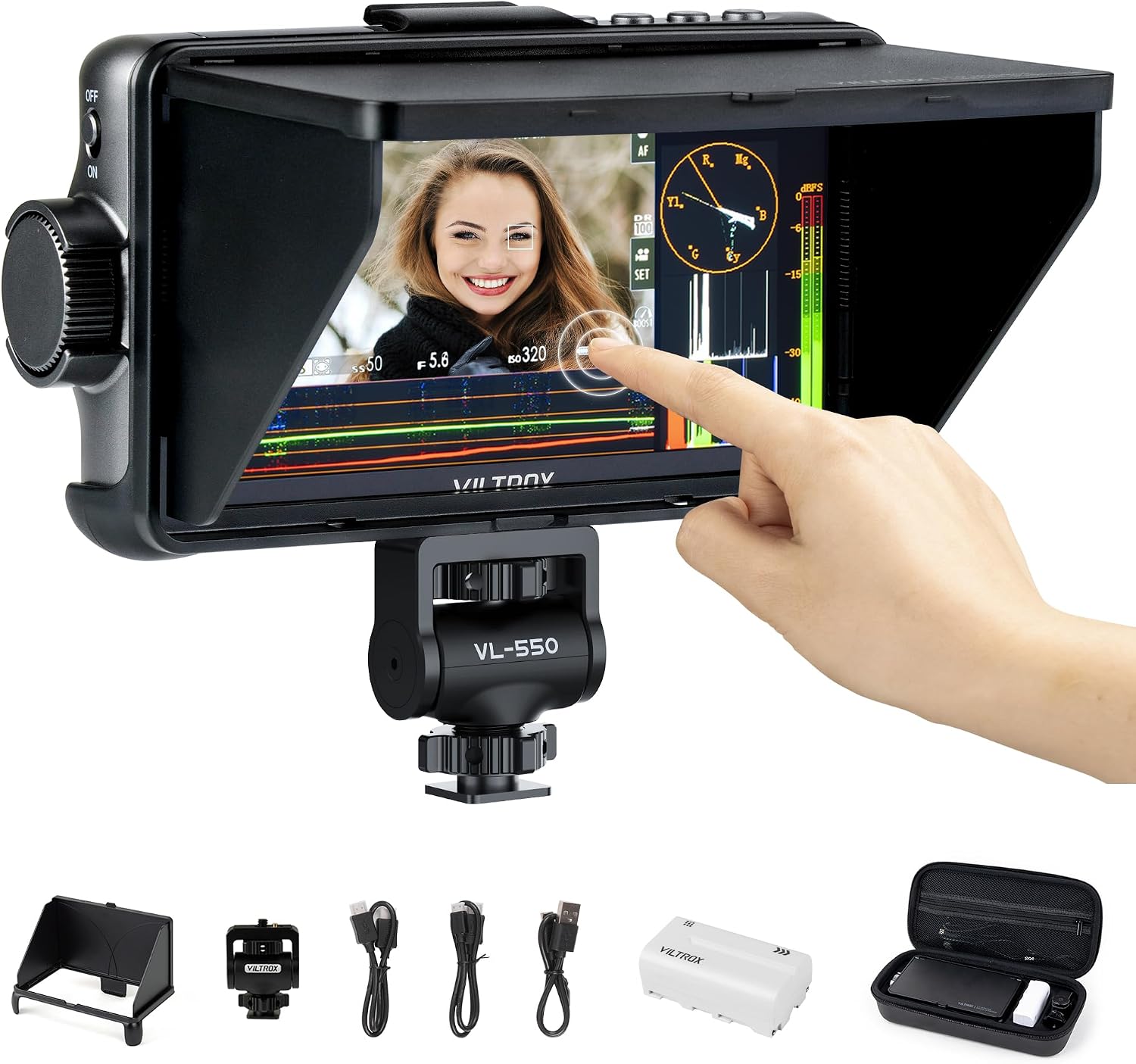 VILTROX DC-550 Pro Touchscreen Camera Field Monitor 4K HDMI (5.5 Inch) DSLR Camera Monitor with Battery Sunshade Hood 3D Lut Peaking Focus Assist 1200 nits 160° Wide View Angle DC 12V Type-C 5V in