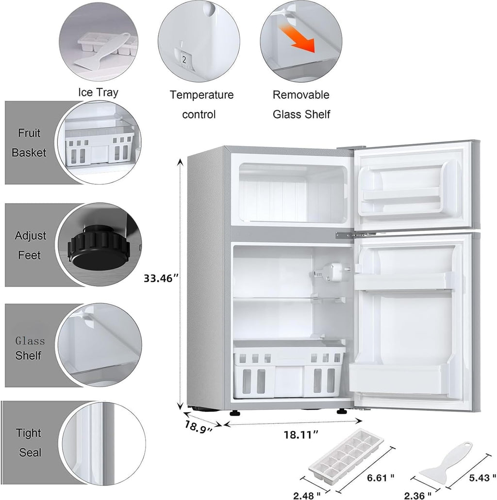 Antarctic Star Mini Compact Refrigerator, 3.2 Cu.Ft. Separate Freezer Double 2-Door Adjustable Removable Shelves For Basement/Apartment/Dorm/Office,GREY