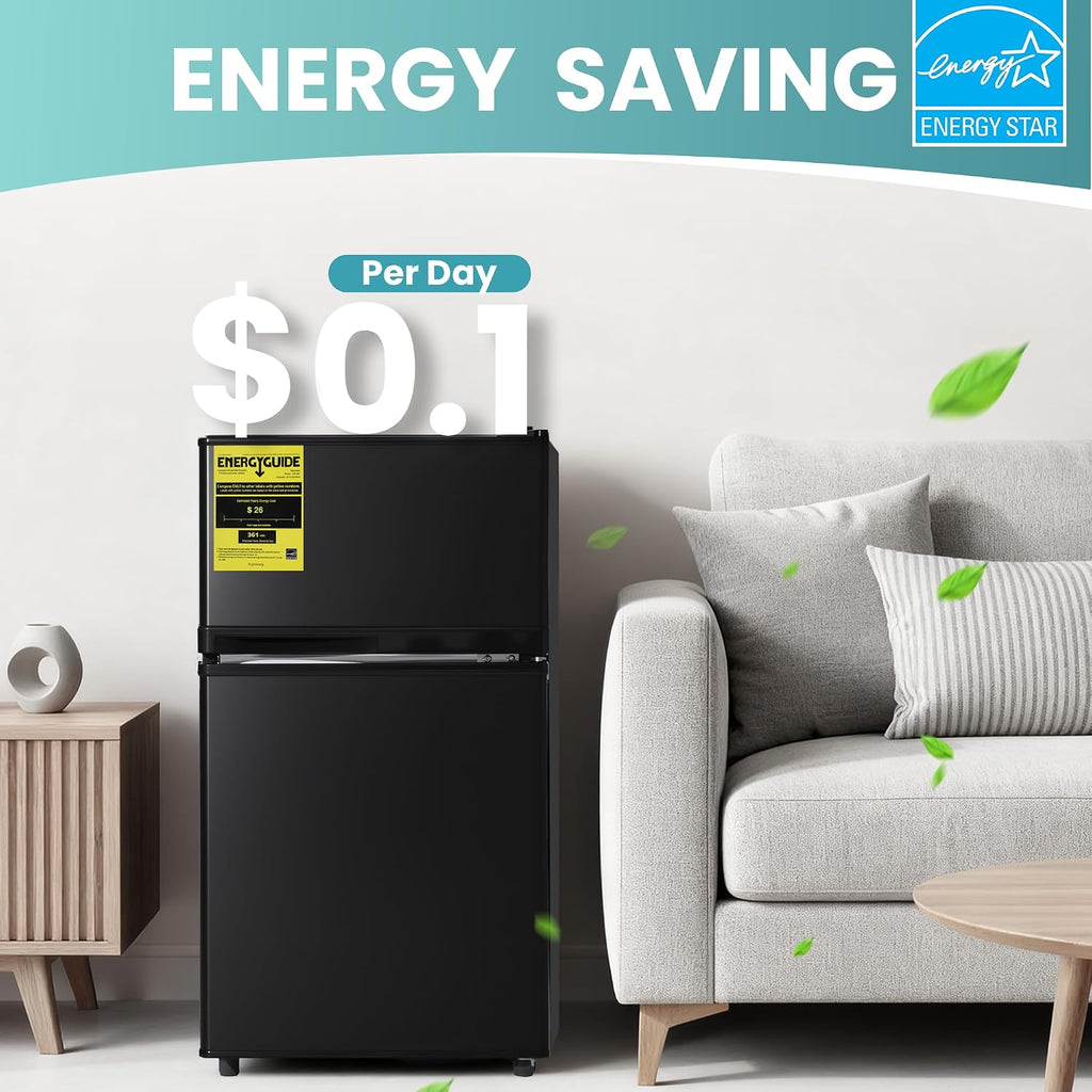 Tehanld Double Door Refrigerator with Freezer, 3.55 Cu.Ft, Small Fridge with Freezer, 7 Settings Temperature Adjustable, Mini Refrigerator for Office and Apartment Bedroom Dorm(3.55 Cu.Ft, Black)