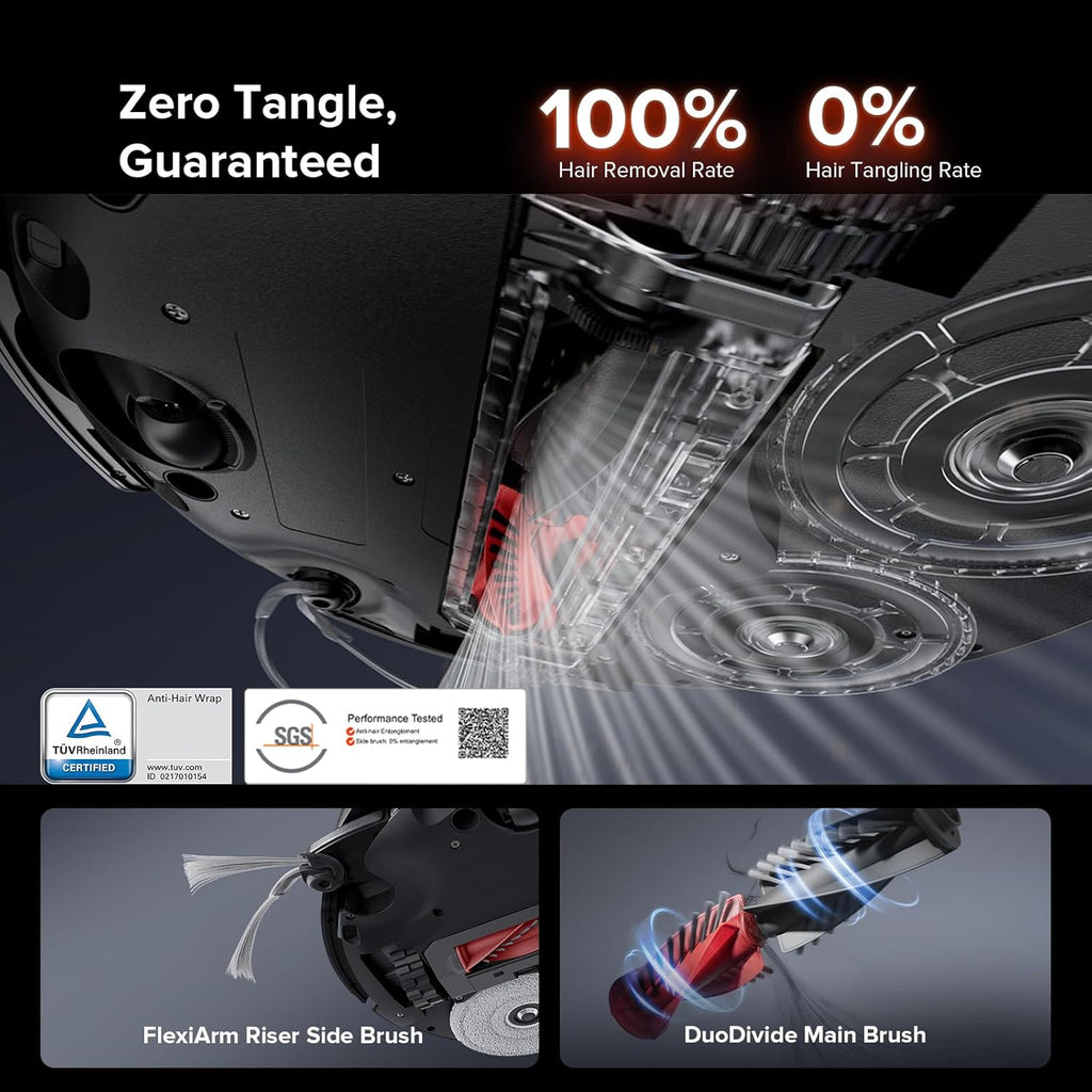 roborock Saros 10R Robot Vacuum and Mop, 22,000 Pa Suction, Zero-Tangling, 3.14'' Ultra Slim, FlexiArm Riser Technology for Carpet & Floor, Corner & Edge Cleaning, Self-Emptying, Hot Air Drying, Black
