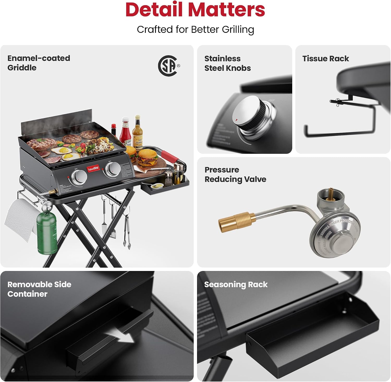 Laudlife Portable Propane Gas Griddle with Collapsible Stand, Non-Stick Enameled Cast Iron, 342 SQ.IN Cooking Space, 2 Burners Flat Top Griddles for Camping, Tailgating, Outdoor Cooking