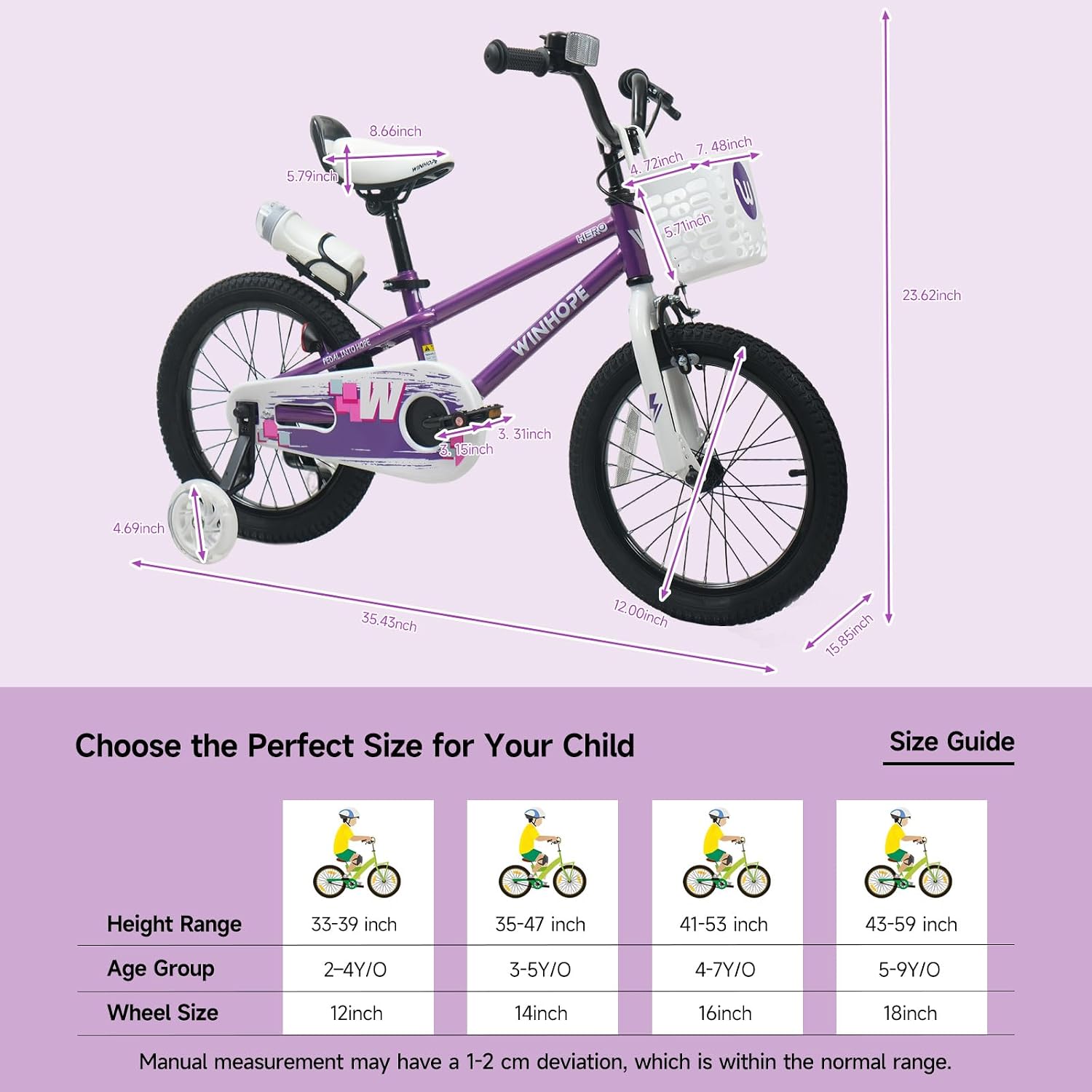 WinHope Kids Bike, 12 14 16 18 Inch Children Bicycle with Light up Training Wheels and Dual Brakes, Toddler Bike for Beginner with Adjustable Seat and Headlebar for Boys Girls 2-9, Multiple Colors