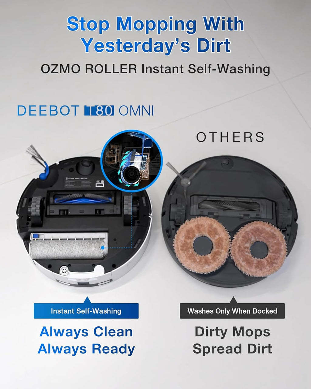 ECOVACS DEEBOT T80 Omni Robot Vacuum and Mop, Instant Self-Cleaning OZMO Roller Mop, TruEdge Deep Cleaning, AI Navigation, 18,000Pa Suction and ZeroTangle 3.0 for Pets and Carpets