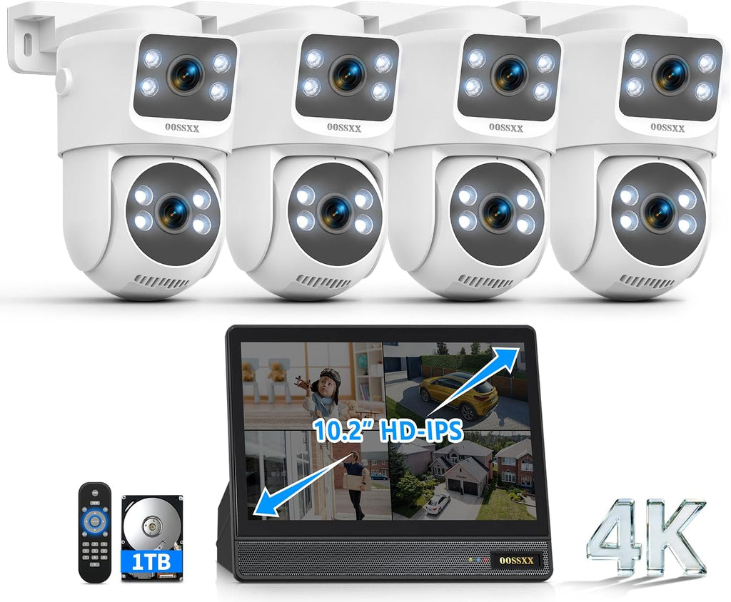 (2026 New) 4K PoE Security Camera System with 10'' Monitor, 8CH NVR 1TB HDD and 4 Dual Lens Cameras, Fixed + PTZ Auto Tracking, AI Detection, 2-Way Audio
