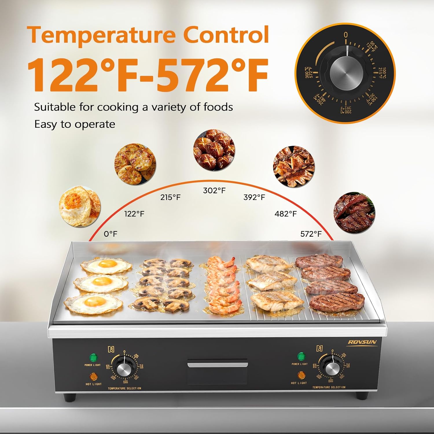 ROVSUN 26' Electric Griddle, Electric Countertop Half Flat Top Griddle, 3200W Grill Stainless Steel with Adjustable Temperature Control 122°F-572°F for Commercial Home Restaurant, Plug