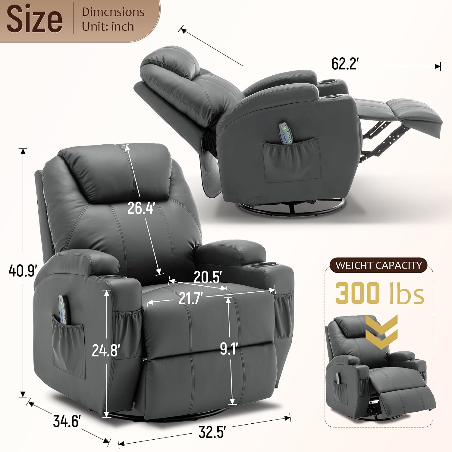 Korser Recliner Chair, Rocking Chair with Massage and Heat, 360° Swivel Recliner Chairs for Adults, Rocker Manual Recliner with Remote Control and Cup Holder for Living Room, Bedroom, Nursery