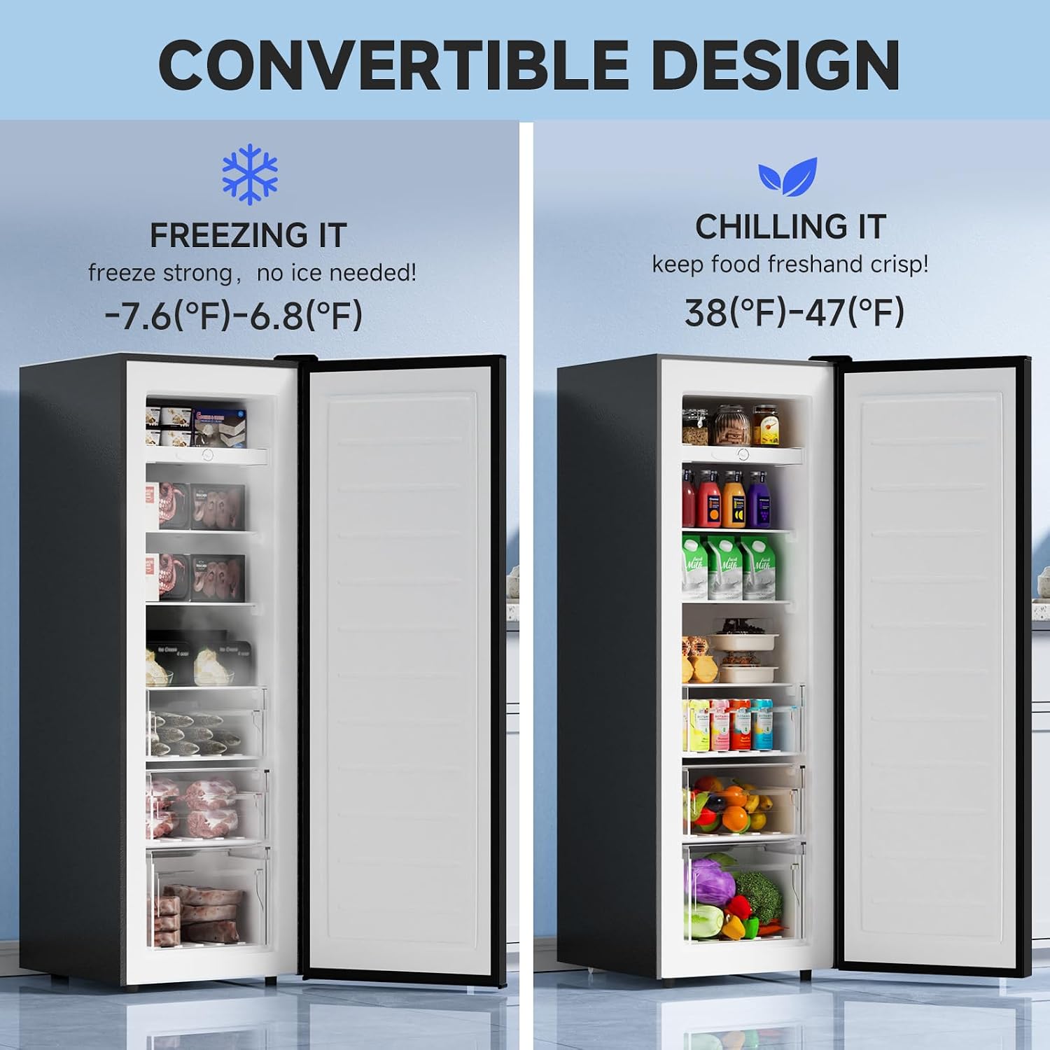 BANGSON Upright Freezer, 7.0 Cu.ft Stand Up Freezer, Convertible Upright Freezer/Refrigerator, Single Door for Kitchen,Garage, Office, Apartment, Black