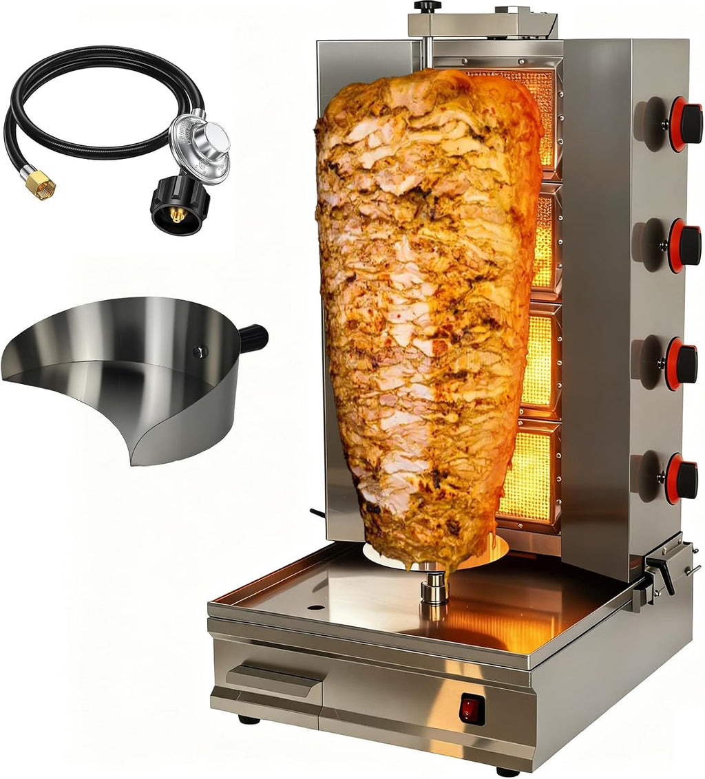 Shawarma Machine Oven Rotisserie Kebab Turkey Infrared Burner, Automatic Rotation and Adjustable Distance, 4 Propane Controls Up to 750°F,Vertical Skewers, Stainless Steel
