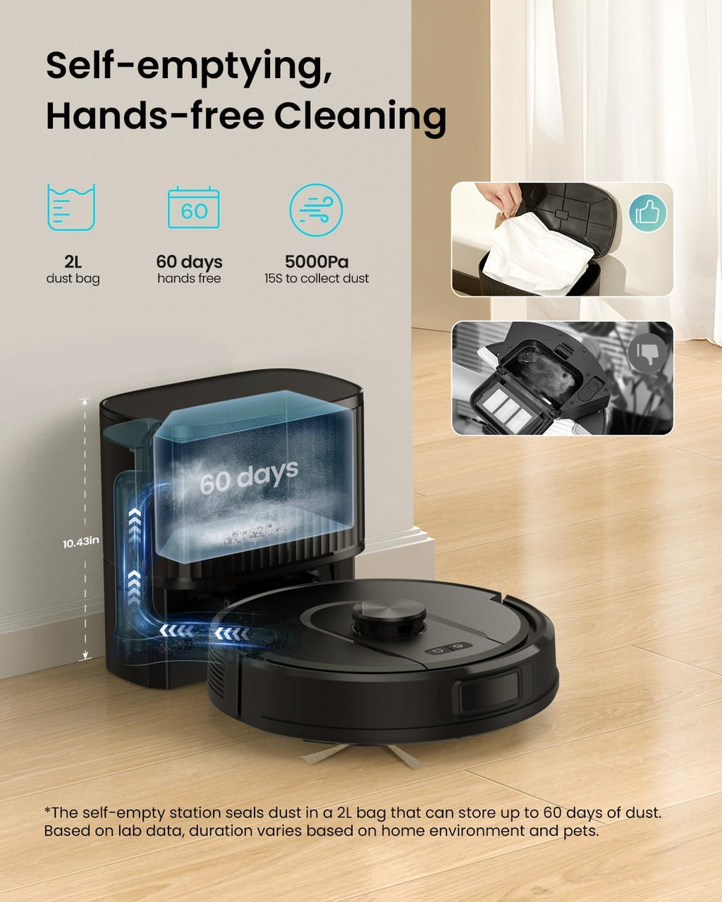 Vexilar Robot Vacuum and Mop with Self-Emptying, 5000Pa Robotic Vacuum with LiDAR Navigation, 60-Day Hands-Free Cleaning, 180 Mins Runtime, Home Mapping,No-Go Zones,Ideal for Pet Hair,Carpet (Large)