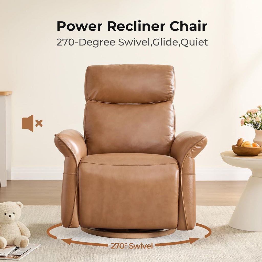 CHITA Genuine Leather Power Recliner Chair, Electric Triple-Motor Swivel Glider Nursery Rocking Chair with Adjustable Power Headrest and Lumbar Support, GREENGARD Gold Certified, Saddle Brown