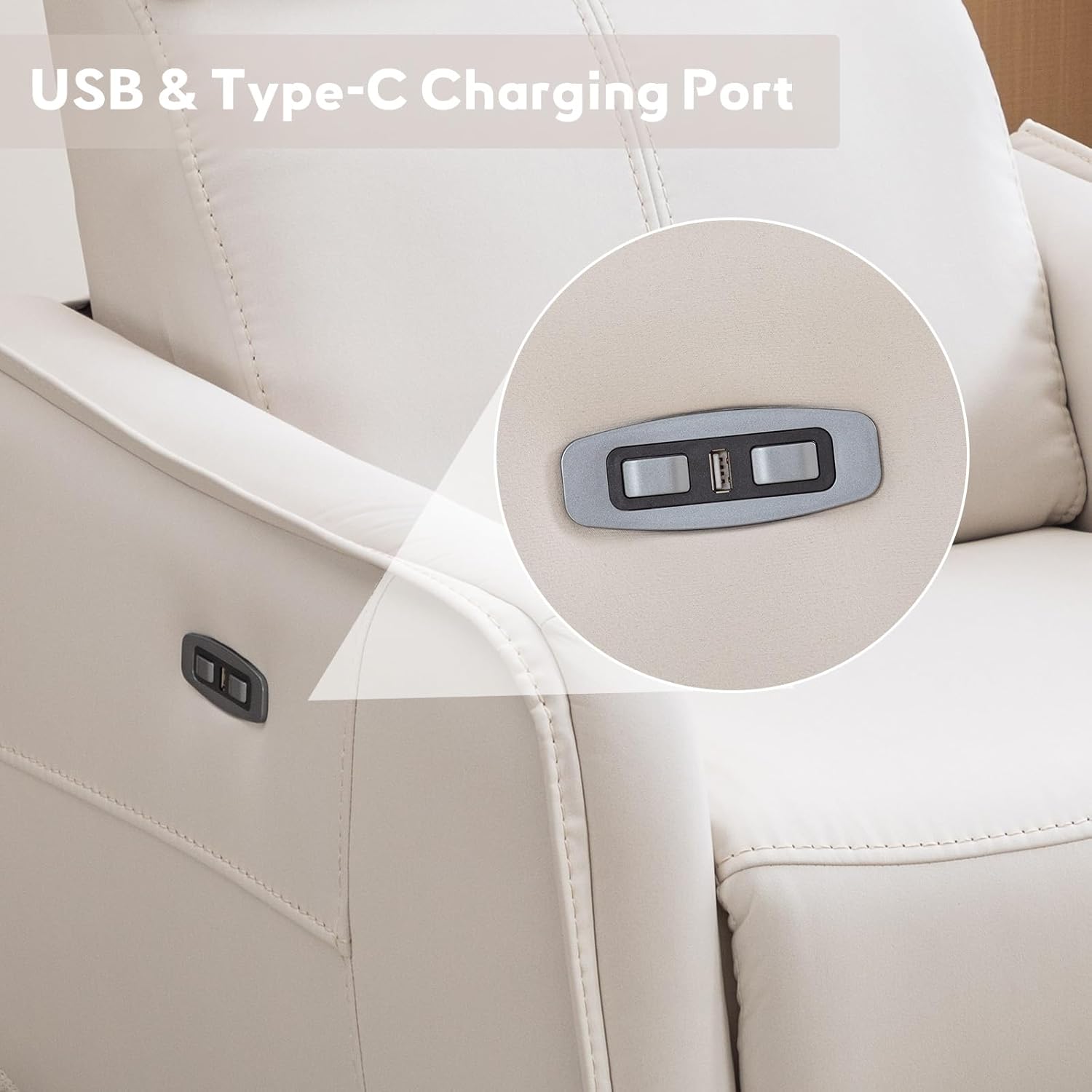 Bonzy Home Power Swivel Rocker Recliner Chair with USB Port, Wide Seat, Head & Lumbar Support, Upholstered Glider Chair for Living Room, Nursery, Bedroom, Cream White
