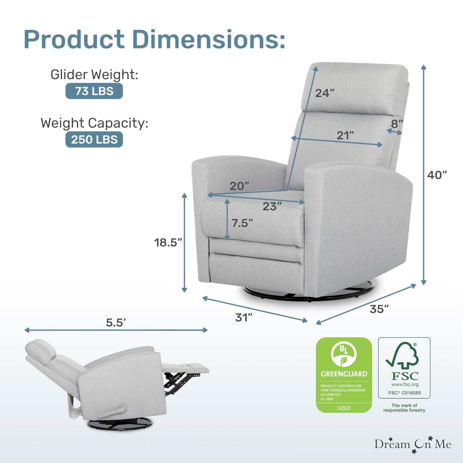 Dream On Me Chatham Basic Nursery Rocking Glider in Grey, 360° Swivel Motion, FSC Certified, Greenguard Gold & JPMA Certified Nursery Glider, Three Rocking Modes Nursery Glider Recliner