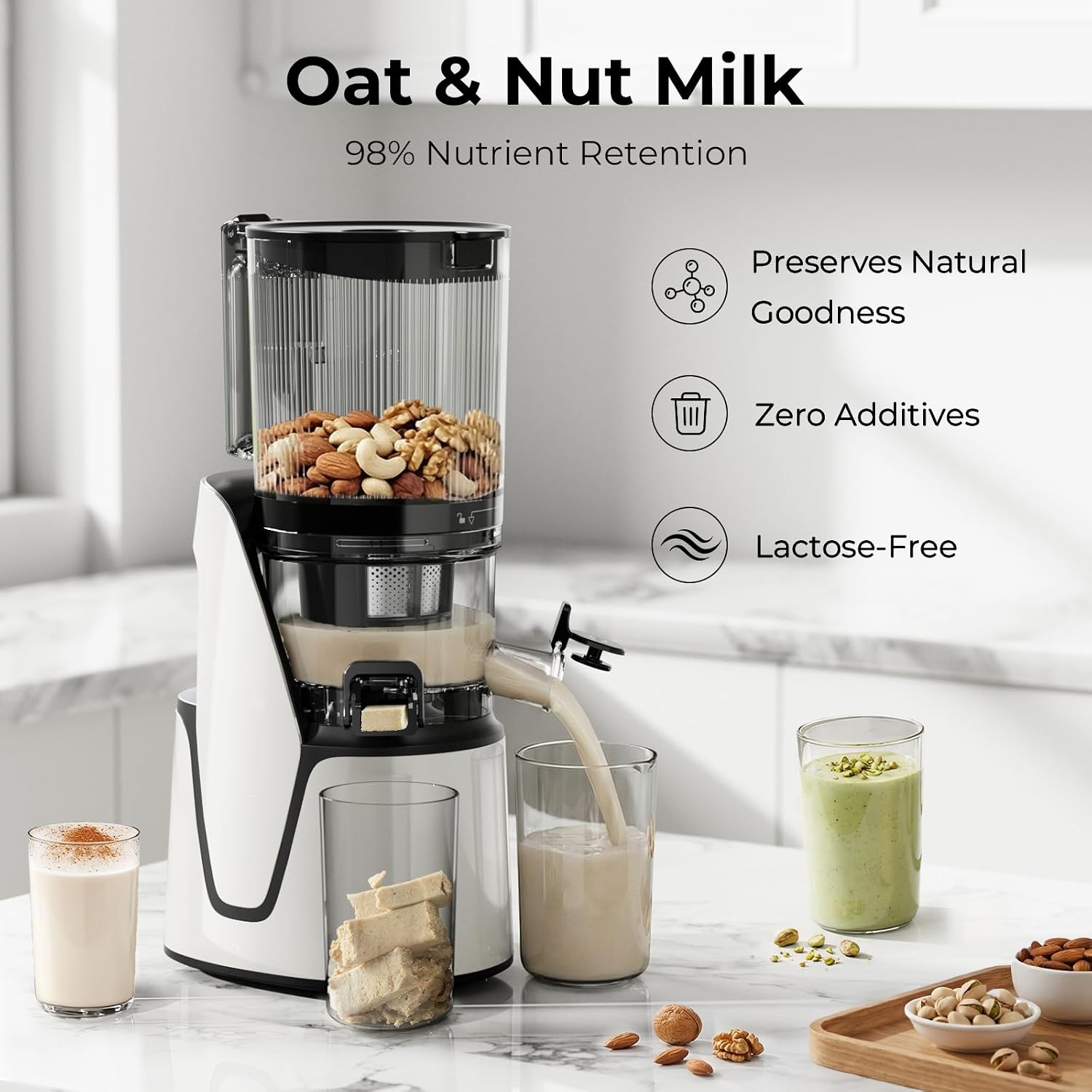 EanOruus Juicer Machines, 3-in-1 Cold Press Juicer with 6.5' Extra Large Chute, 100oz Large Capacity, AC Motor, Makes Juice, Nut Milk & Sorbet, Bright White
