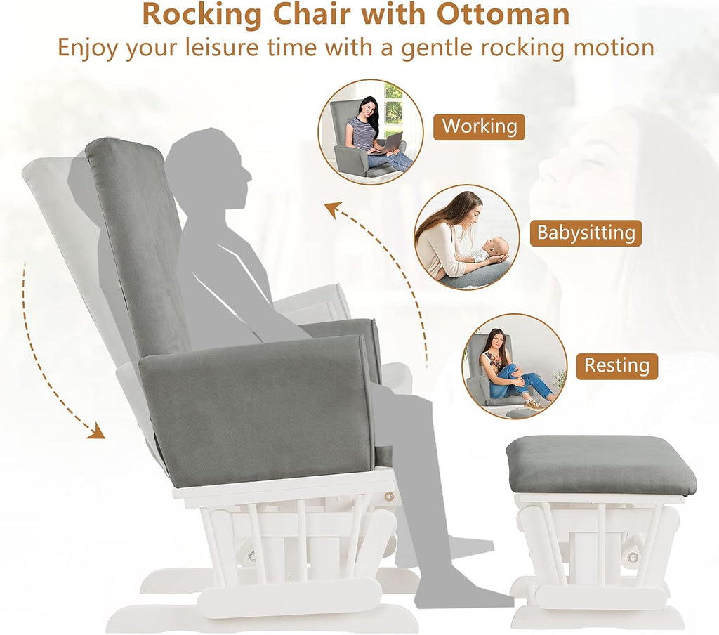 Costzon Glider and Ottoman Set, Wood Baby Rocker Nursery Furniture for Napping Reading Nursing, Cleanable Upholstered Comfort Rocking Nursery Chair with Detachable Cushion (Light Gray)