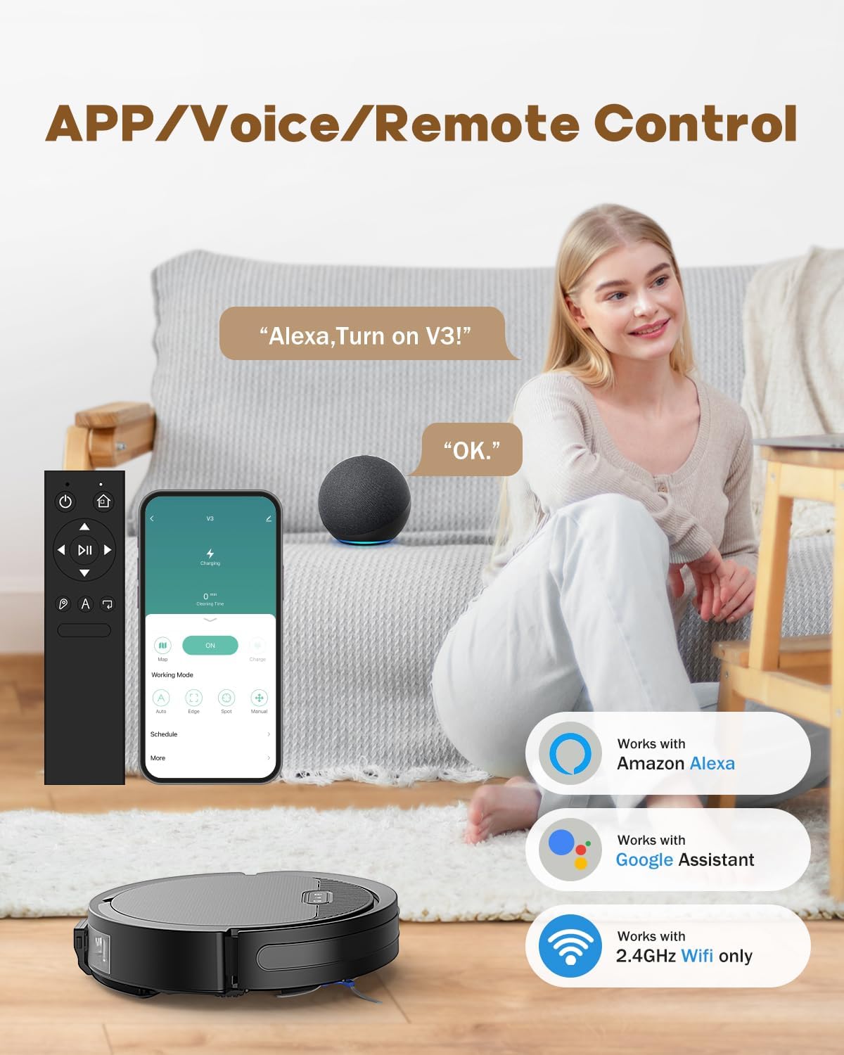 V3 3 in 1 Robot Vacuum and Mop with 5000Pa Suction Power, Work with 2.4GWifi/ Alexa/App/, Self-Charging Vacuum Cleaner, Tangle-Free, Ideal for Pet Hair,Carpet and Hard Floor