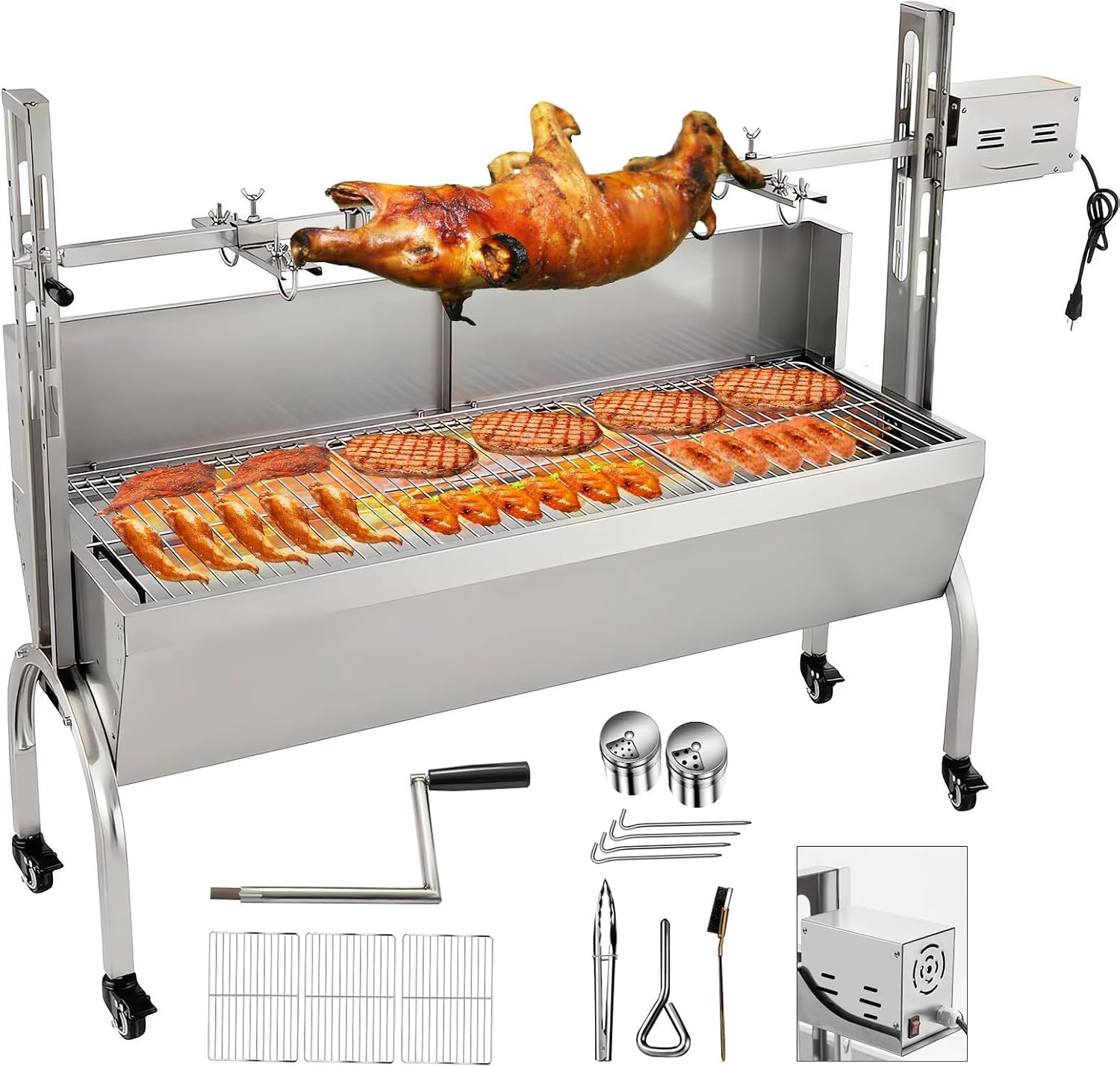 Rotisserie Grill with Back Cover Guard, 25W Motor 48 Inch Stainless Steel Small Pig Lamb Rotisserie Roaster, BBQ Charcoal Rotisserie Grill for Camping Party, Outdoor Kitchen (176 LBS)
