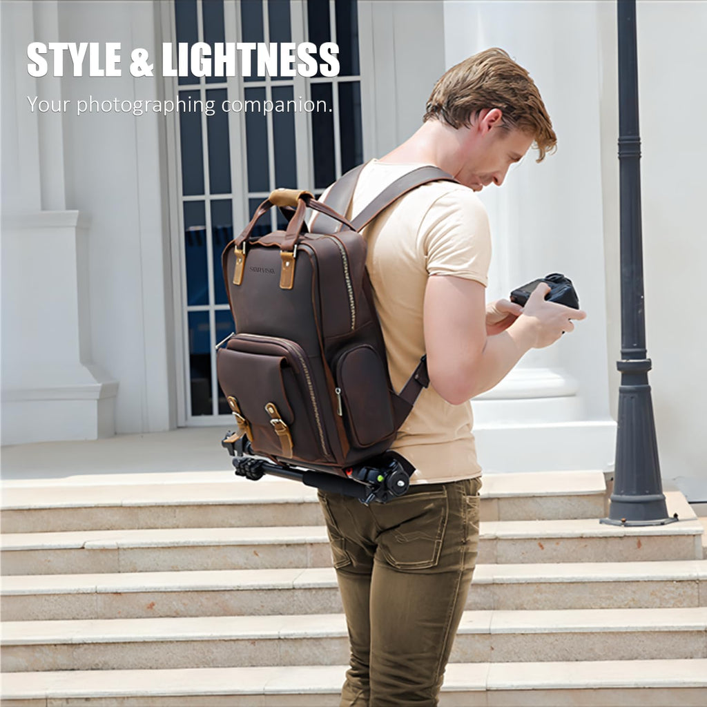 STAR VISTA Bernini Vintage Full Grain Leather Camera Backpack for DSLR/SLR, Camera Case for Photographers, with Tripod Holder, Fits 15.6' Laptop, Casual Outdoor Rucksack, YKK Zippers