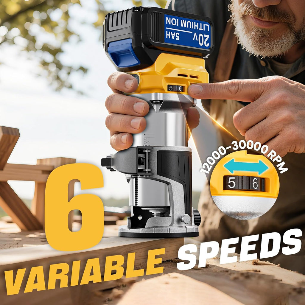 MtiolHig Cordless Compact Router Compatible with Dewalt 20V Battery, With 1 x 5.0Ah Rechargeable Battery, 6 Pcs Router Bits for Woodworking, Router With Trim Bits, Edge & Roller Guide