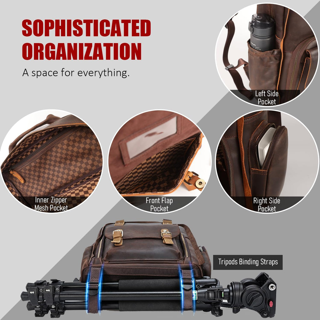 STAR VISTA Bernini Vintage Full Grain Leather Camera Backpack for DSLR/SLR, Camera Case for Photographers, with Tripod Holder, Fits 15.6' Laptop, Casual Outdoor Rucksack, YKK Zippers