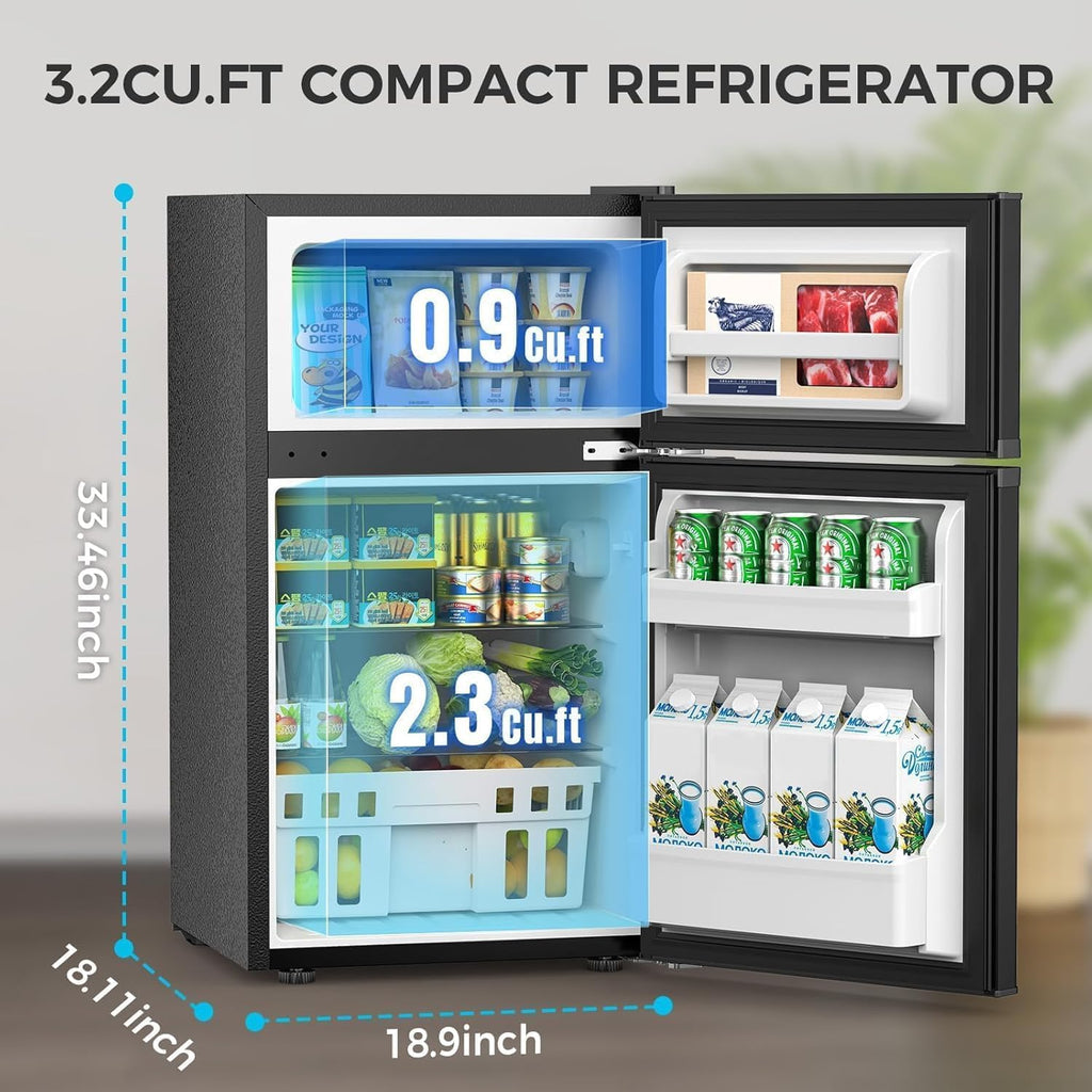 COWSAR 3.2 Cu.Ft Mini Fridge and Freezer, Double Door Compact Fridge for Bedroom, Adjustable Thermostat, Energy-efficient Low Noise Small Refrigerator For Dorm, Office, Bar, RV, Bedroom