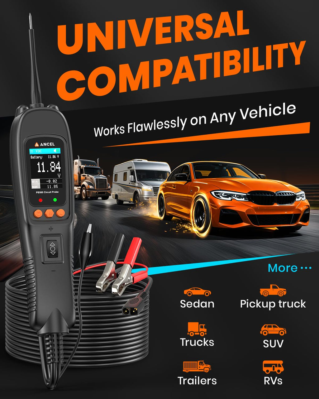 ANCEL PB500 Automotive Power Circuit Probe Tester Kit, 12/24V Car Electrical Short/Open Breaker Finder, AC/DC Diode Resistance Frequency Injector Relay Tester, Duty Cycle,Digital Multimeter/Ohmmeters