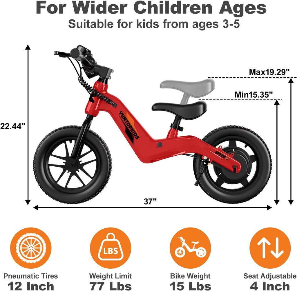 YunTopKids Electric Balance Bike for Kids Ages 3-5, 12 Inch Tires,Safe Start,3 Speeds up to 9.3 MPH,LCD,180W 24V Kids Electric Bike with Adjustable Seat,Fast Charger,LED Light