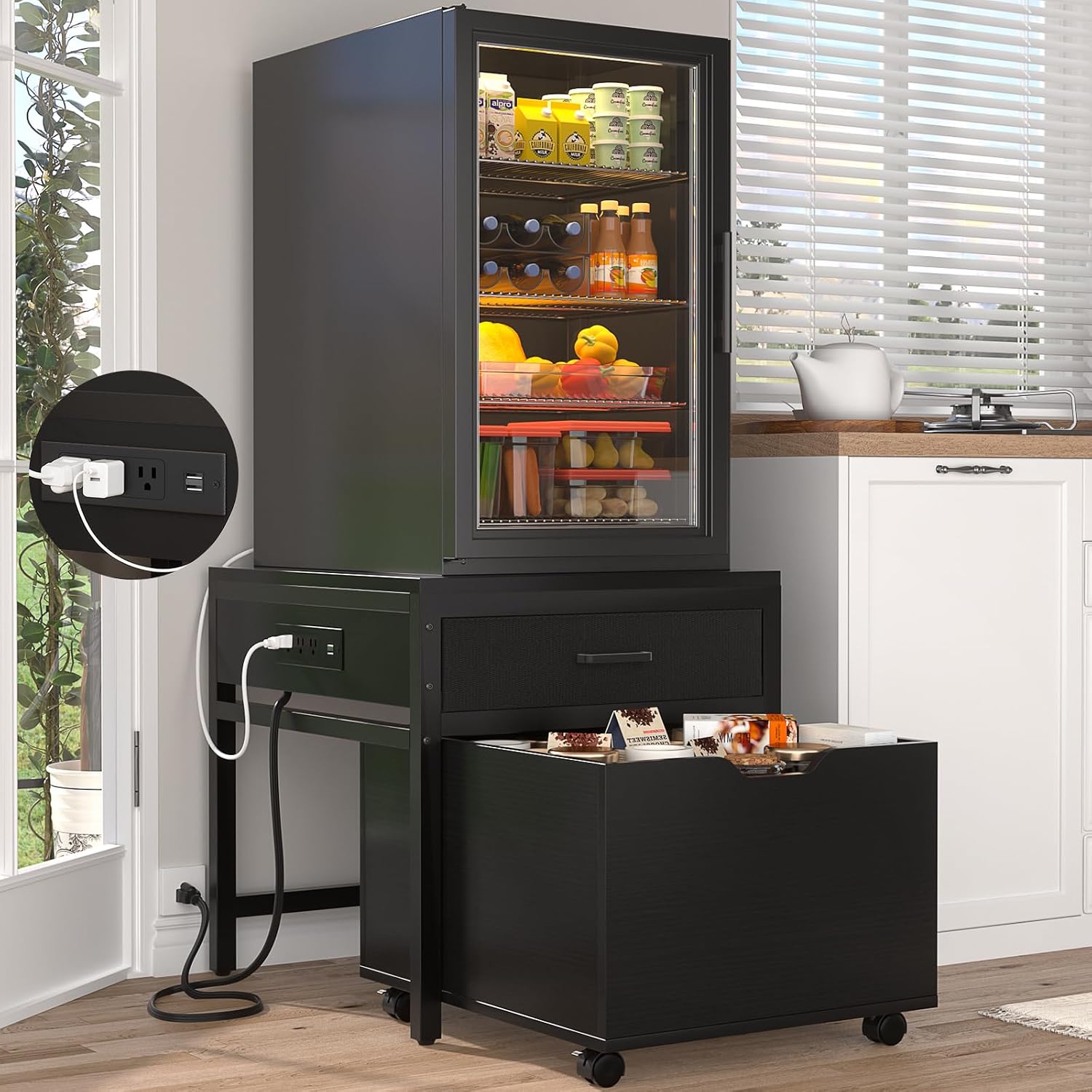 Unikito Mini Fridge Stand with Drawer Storage and Power Outlet, Heavy Duty Mobile Mini Fridge Shelf with Lockable Wheels, Beverage Refrigerator Table Stand, 22.8' L x 21.6' W, Max Load 300 LBS, Black