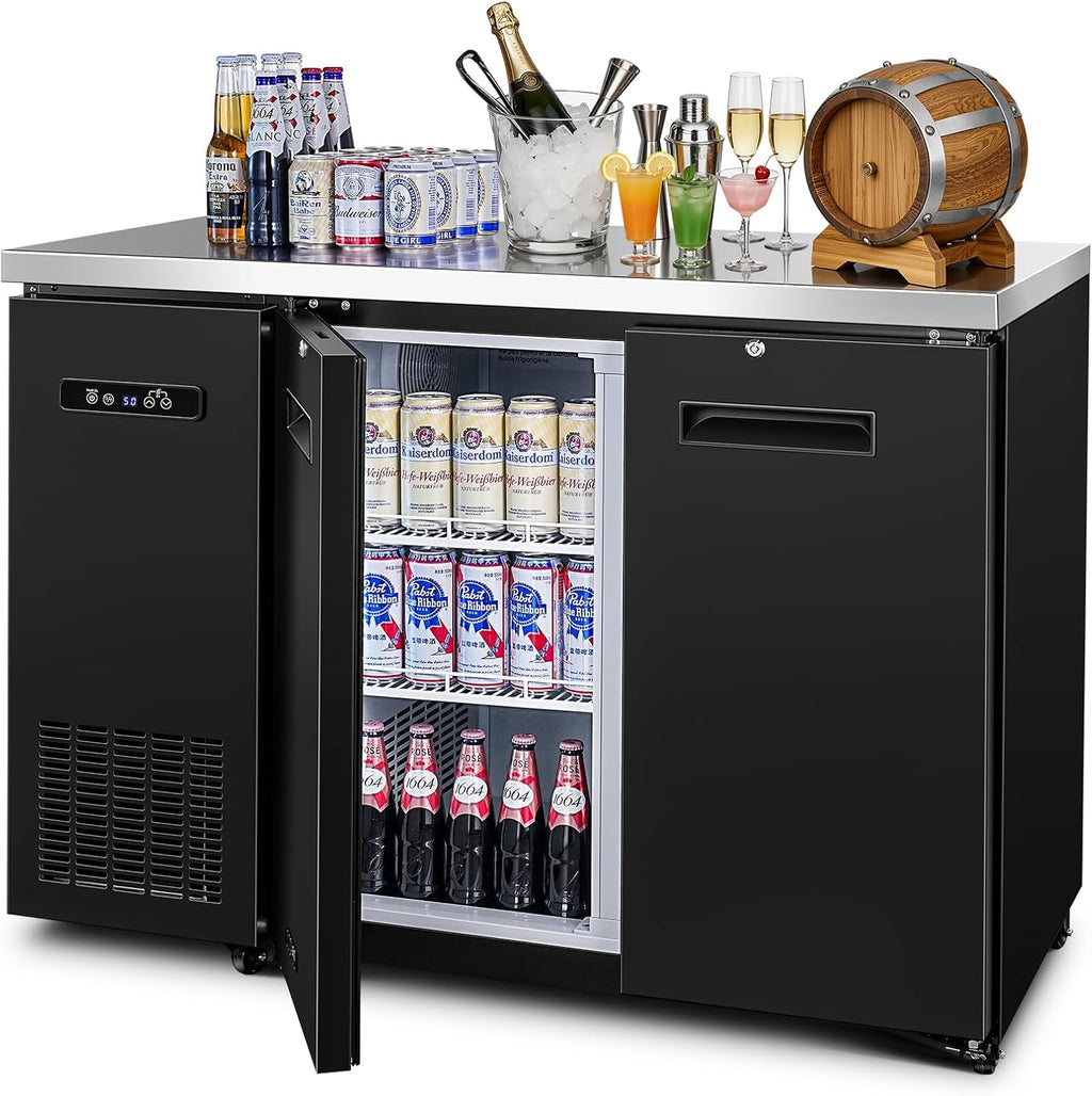 BODEGA BODEGACOOLER Commercial Back Bar Cooler with 2 Solid Doors,12 Cu.Ft Commercial Counter Height Bar Refrigerator,Display Drink Beverage Beer Fridge LED Light,SUS304 Top,4 Casters,Black