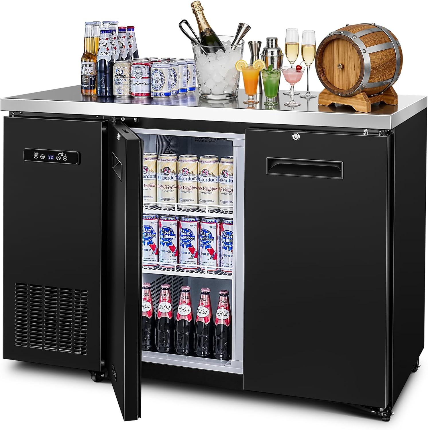 BODEGA BODEGACOOLER Commercial Back Bar Cooler with 2 Solid Doors,12 Cu.Ft Commercial Counter Height Bar Refrigerator,Display Drink Beverage Beer Fridge LED Light,SUS304 Top,4 Casters,Black