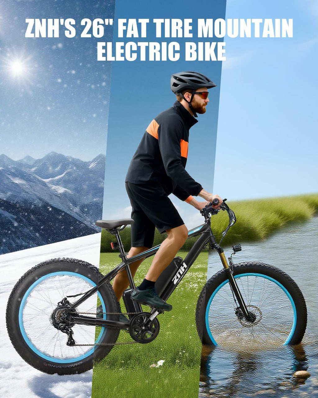 ZNH Fat Tire Electric Bikes for Adults,Peak 750W Motor Ebike,Up to 20Mph 50Miles,Adult Electric Bicycle with Peak 52V 13Ah Removable Battery,26' Electric Mountain Bike,7 Speed Front Suspension