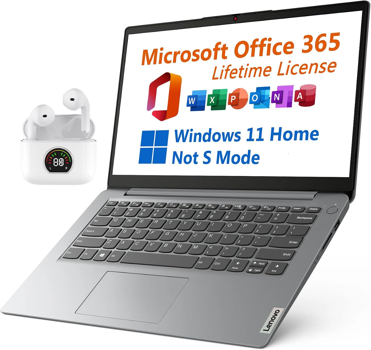 Lenovo 14' Laptop, Free Microsoft 365 with Lifetime License, Intel Celeron N4500 2.8 GHz, 10 Hours Battery, 4GB RAM, 128GB eMMC Storage + 128GB SSD, WiFi 6, USB-C, Windows 11 Home, Toree Earbuds