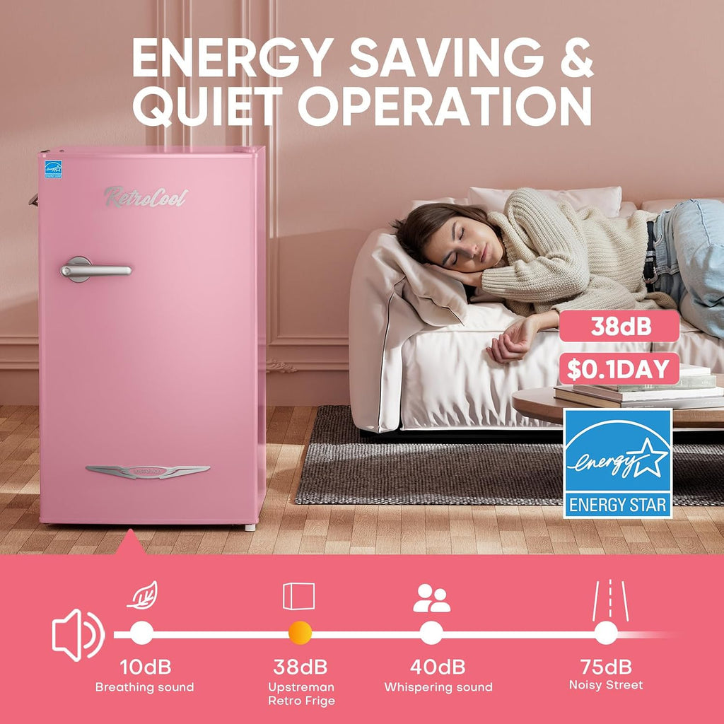 Upstreman 3.2 Cu.Ft Retro Mini Fridge with Bottle Opener, Energy Saving, Adjustable Thermostat, Metal Handle, LED Lamp, Mini Refrigerator for Bedroom, Office, Dorm-BR321 PRO (Pink)