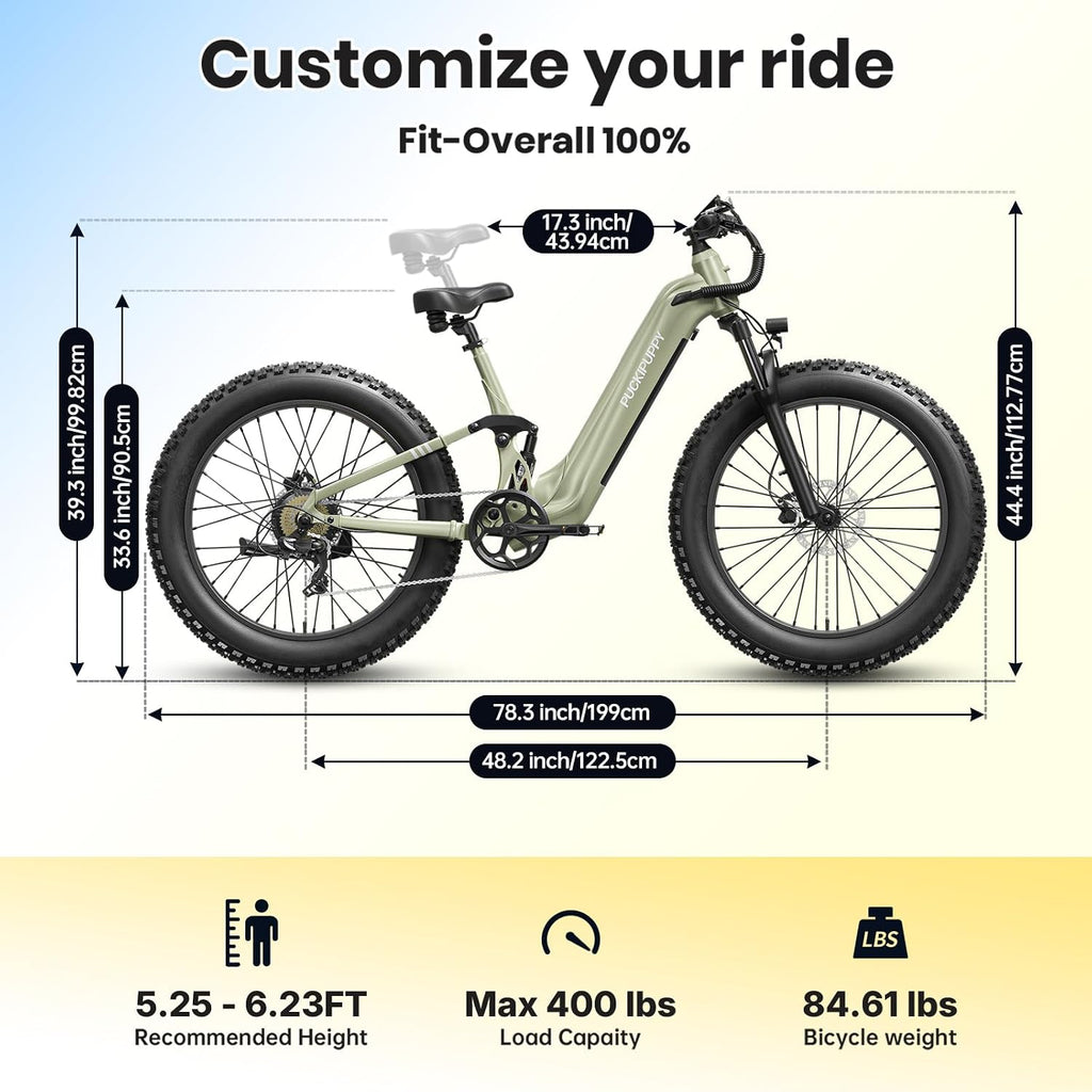 PUCKIPUPPY Battery+Electric Bike for Adults 960W(Peak), 48V 20AH Battery Adult Electric Bicycles, 26' Fat Tire Full Suspension Step-Thru Ebike, 28MPH Mountain Ebike, 7 Speed, 80Miles Range