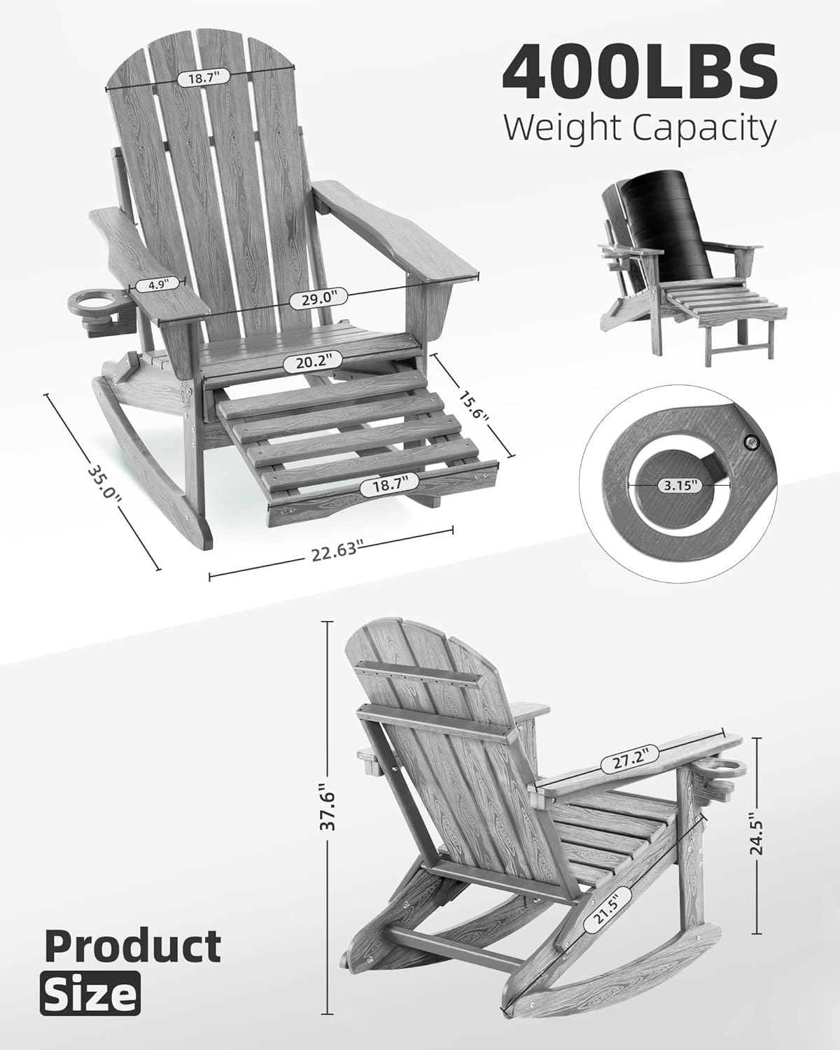 Folding Adirondack Rocking Chair Set of 2,4-in-1 Multifunctional Patio Chairs with Retractable Ottoman, Outdoor Chairs Wood Texture, Lawn Chair for Porch, Backyard, Pool(Grey)