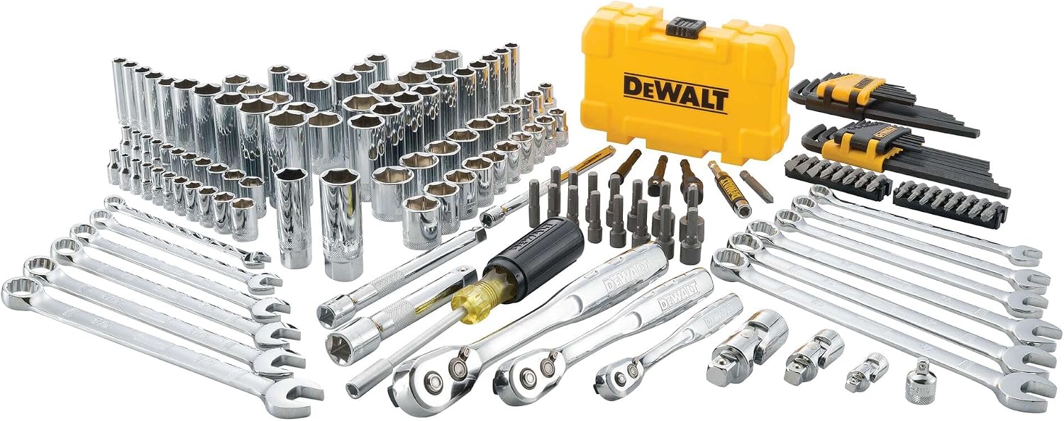 DEWALT Mechanic Tool Set with Case, Socket Set Metric and Standard Full, 1/4' & 3/8' Drive, Hex Keys and Specialty Tools, 168-Piece (DWMT73803)
