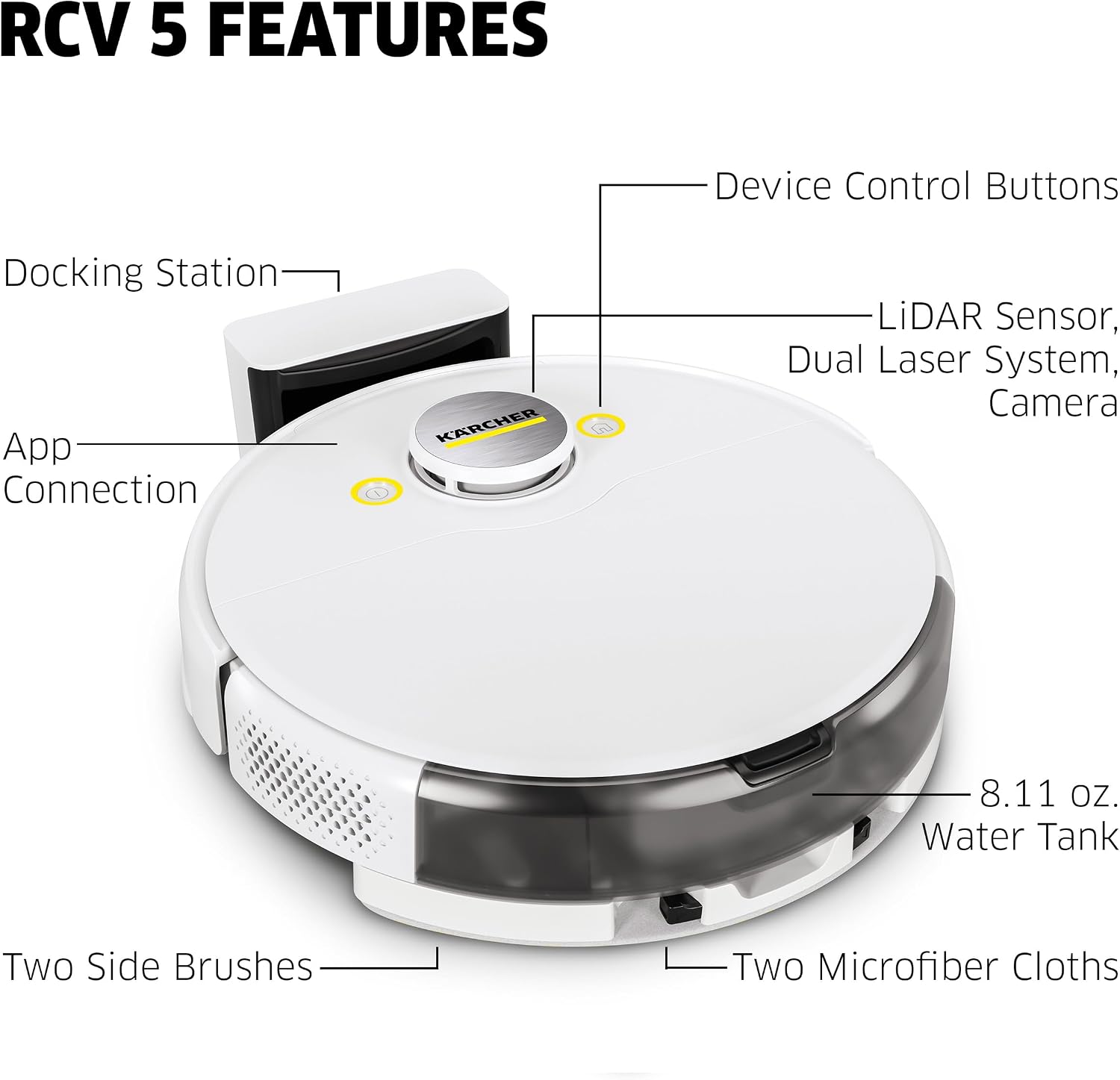Kärcher RCV 5 Robot Vacuum Cleaner with Mop Function 5000Pa, Remote Control via App, LiDar Navigation, Dual Laser and AI, Floor Mapping, Obstacle Recognition, 140 min Run Time, Hard Floors and Carpets