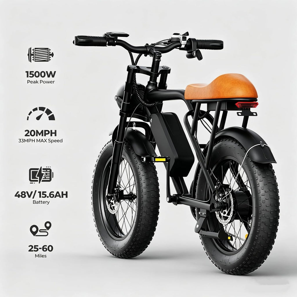 VoltCycle Electric Bike for Adults, Peak 1500W Ebike, 33MPH 60Miles Electric Mountain Bike, 20' Fat Tire Adult Electric Bicycle with 48V 15.6AH Battery, Dual Disc Brake, 7 Speed, Full Suspension
