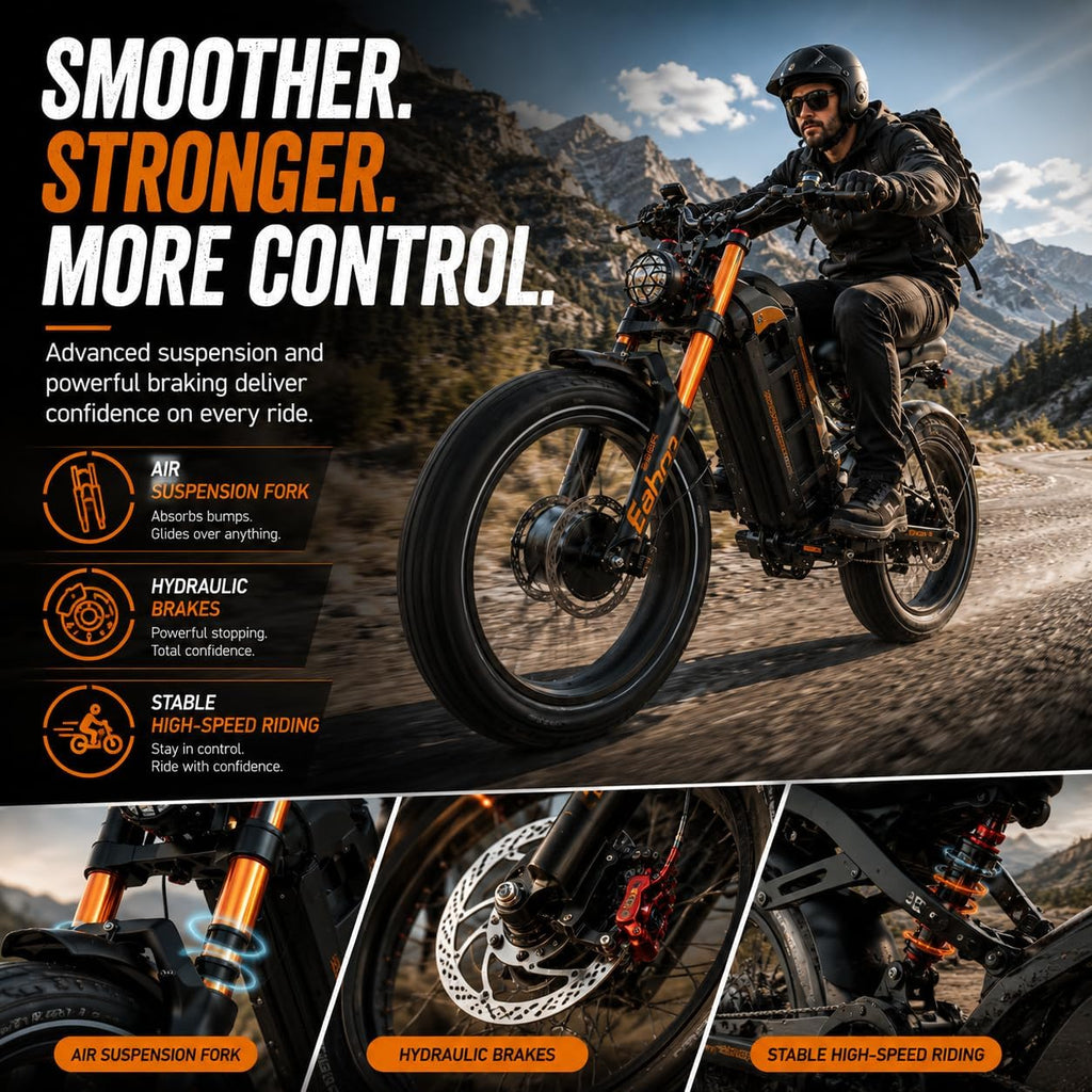 2026 eAhora Romeo Pro 3 Electric Bike for Adult, Peak 5600W Dual Motor, 50mph, 60V 80Ah Battery, 250 Miles Long Range, 26'*4.0 Fat Tire, Air Suspension, App, Commute, Delivery, All-terrian