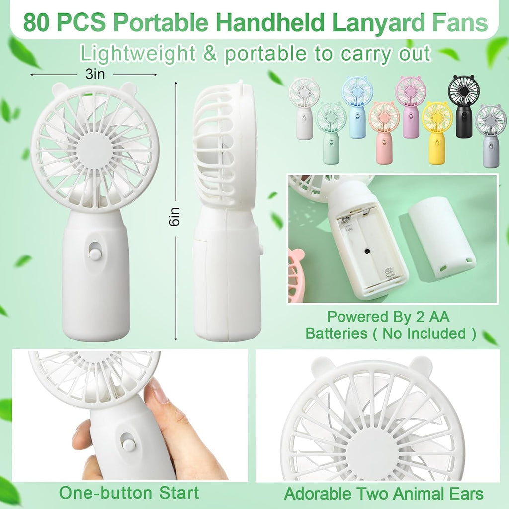 Glooglitter 80 Pcs Mini Portable Fans Bulk Handheld Battery Operated Fan with Lanyard for Makeup Eyelash, Cooling Lightweight Pocket Personal Fans for Indoor Outdoor Travel Use (8 Mixed Colors)