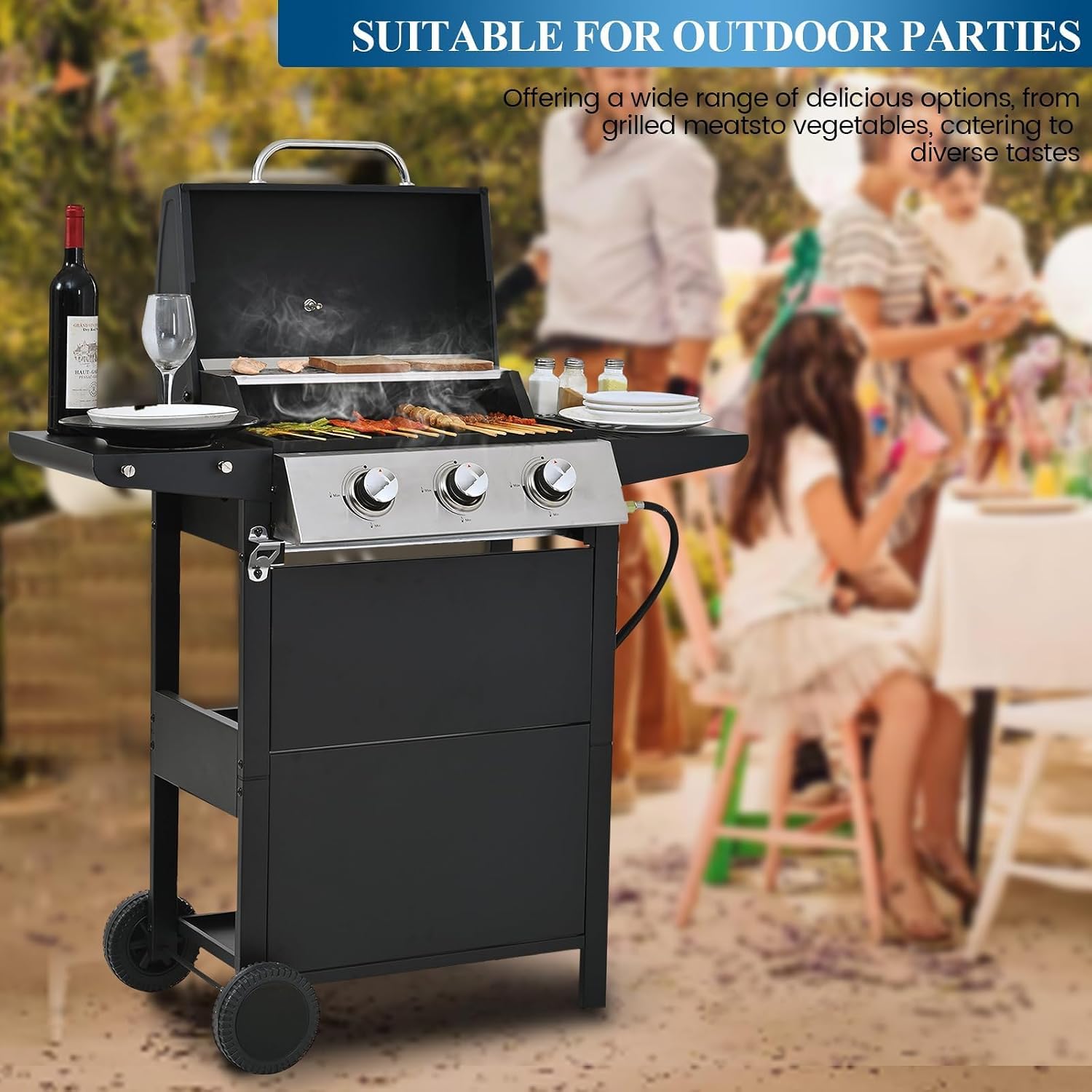 3-Burner Propane Gas Grill, 30,000 BTU Stainless Steel Outdoor BBQ Grill with Lid, Side Shelves & Wheels for Patio, Garden and Backyard Cooking